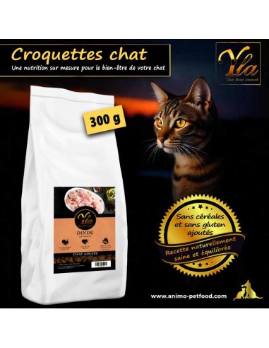 Croquettes sans céréales pour chat adulte sensibles à base de dinde et poulet.