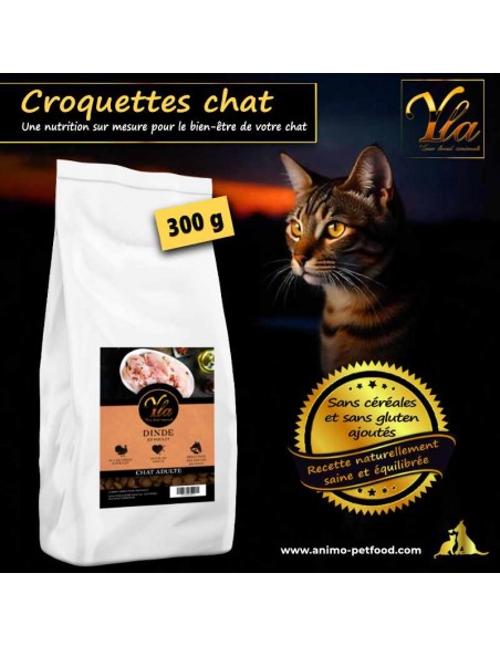 Croquettes sans céréales pour chat adulte sensibles à base de dinde et poulet.