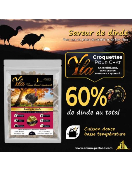 Croquettes naturelles sans céréales pour chat adulte, à base de dinde, adaptées aux besoins nutritionnels spécifiques.