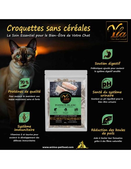 Croquettes sans céréales au poisson blanc et caviar de hareng, idéales pour chats stérilisés.