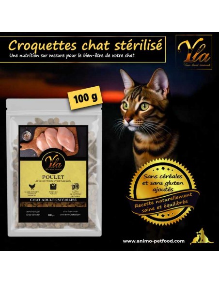 Croquettes poulet, thon et saumon pour chats stérilisés, sans céréales et riches en protéines