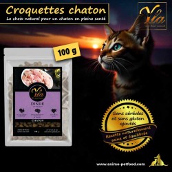 Croquettes chaton sans céréales, dinde et poulet, riches en protéines et digestes.