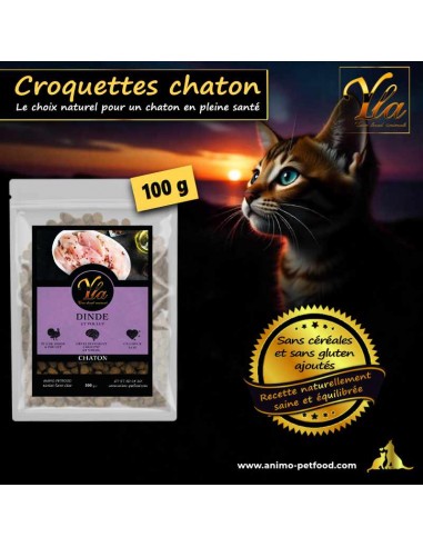 Croquettes chaton sans céréales, dinde et poulet, riches en protéines et digestes.