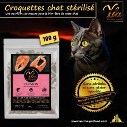 Croquettes sans céréales pour chat stérilisé, riches en saumon et poisson blanc, favorisant la digestion et la santé du pelage.