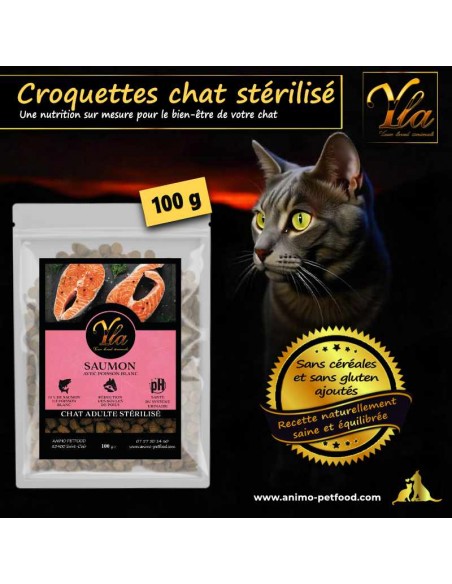 Croquettes sans céréales pour chat stérilisé, riches en saumon et poisson blanc, favorisant la digestion et la santé du pelage.