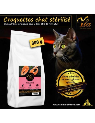 Croquettes naturelles au saumon et poisson pour chat stérilisé, sans céréales, riches en Oméga 3 et protéines de qualité.