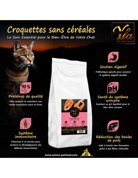 Croquettes hypoallergéniques au saumon et poisson blanc pour chat stérilisé, favorisant une digestion facile et sans troubles.