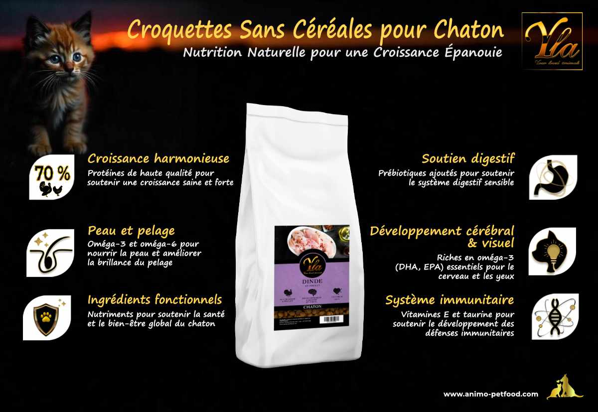 Croquettes sans céréales pour chaton sensible, idéales pour une digestion douce et une croissance saine.