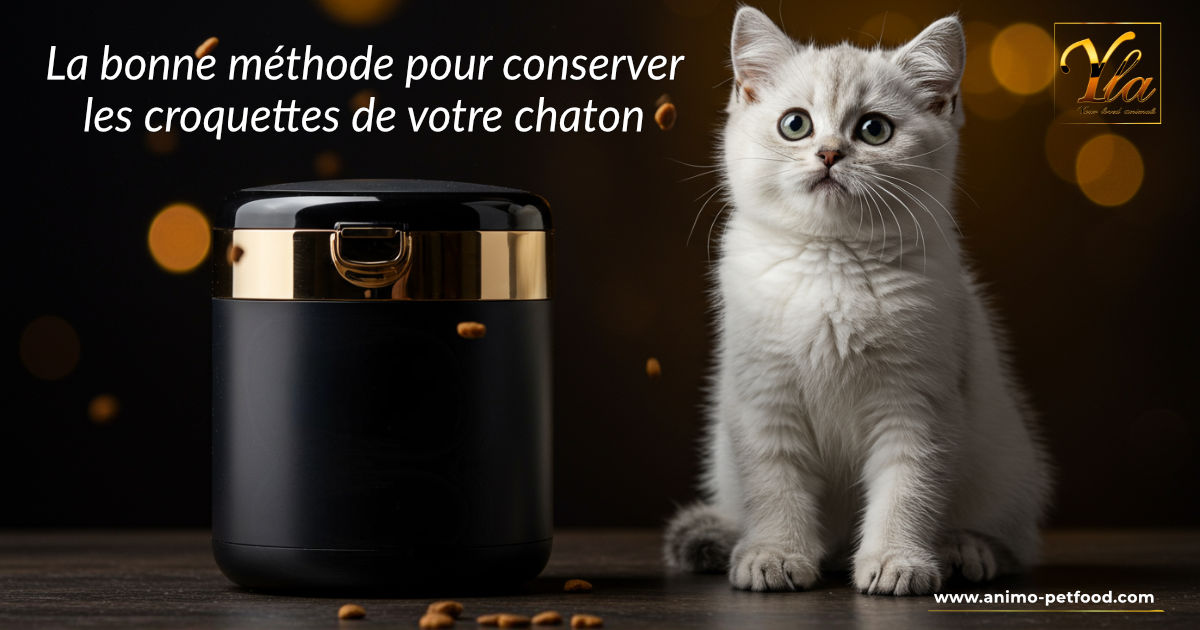 Chaton assis à côté d’un récipient hermétique noir et or, illustrant la bonne conservation des croquettes pour préserver leur fraîcheur et leur qualité nutritionnelle.