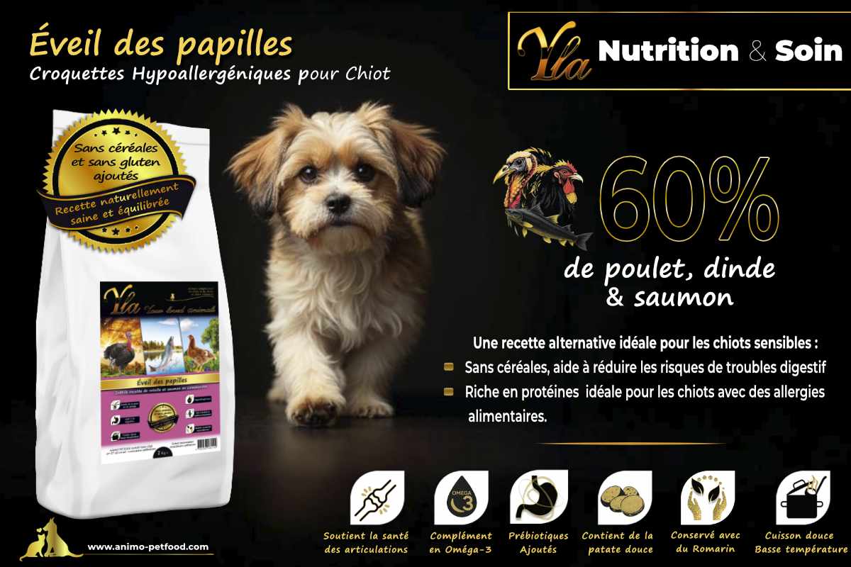 Croquettes hypoallergéniques pour chiots sans céréales, adaptées aux chiots sensibles ou souffrant d'intolérances alimentaires.