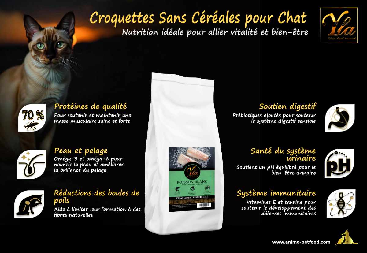 Alimentation pour chats stérilisés, formulée pour réduire les boules de poils et améliorer leur digestion.