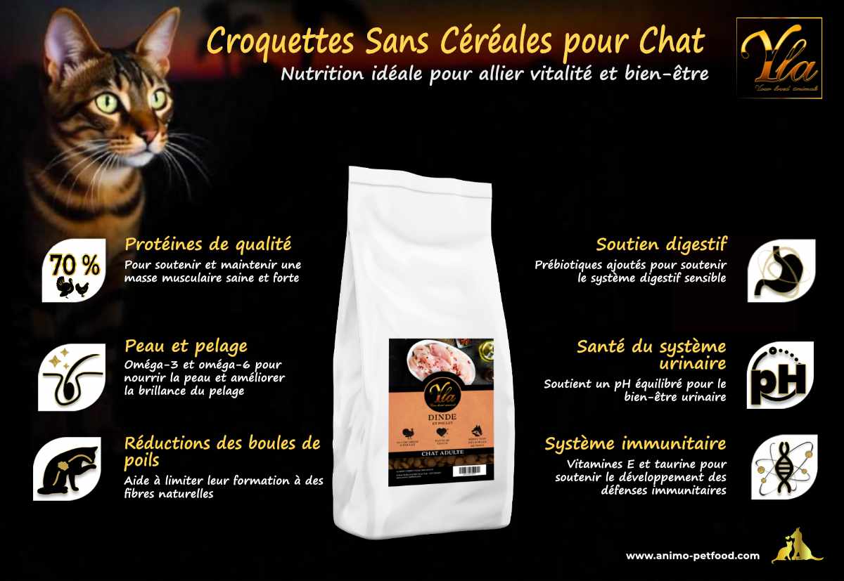 Alimentation hypoallergénique Dinde & Poulet pour chat sensible – Digestion douce et nutrition saine.