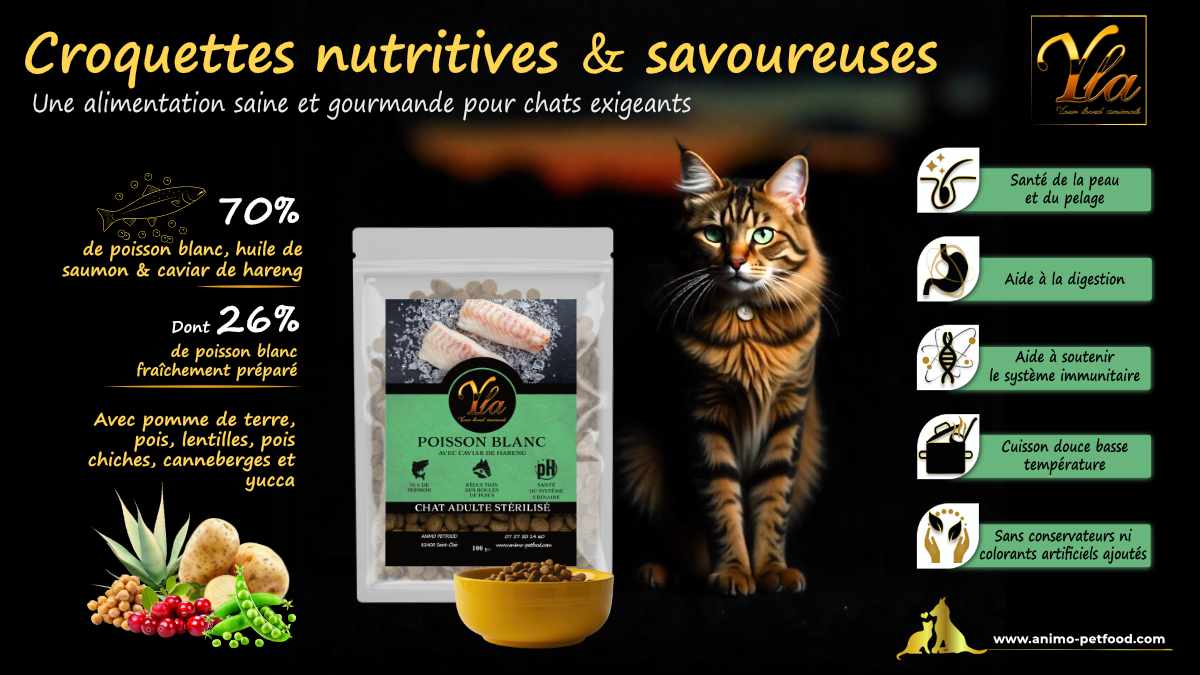 Croquettes riches en poisson (70%) pour chats adultes, pour une alimentation naturelle et équilibrée.