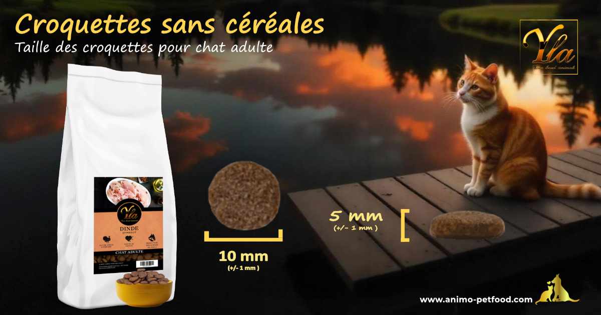 Dimensions des croquettes pour chat adulte à la dinde et au poulet.