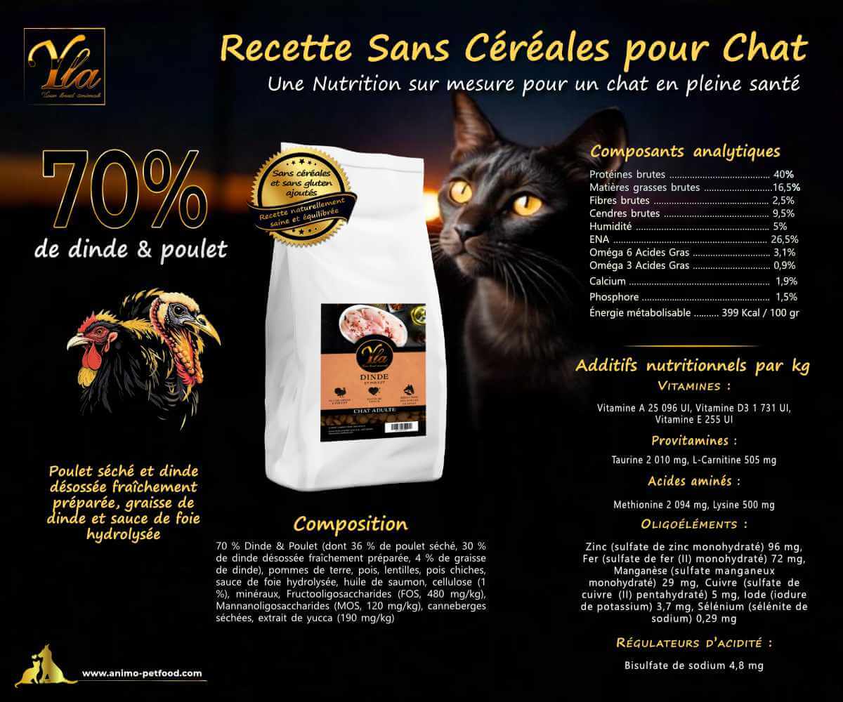 Croquettes hypoallergéniques pour chat adulte, à base de dinde et de poulet, pour une digestion saine et un bien-être optimal.