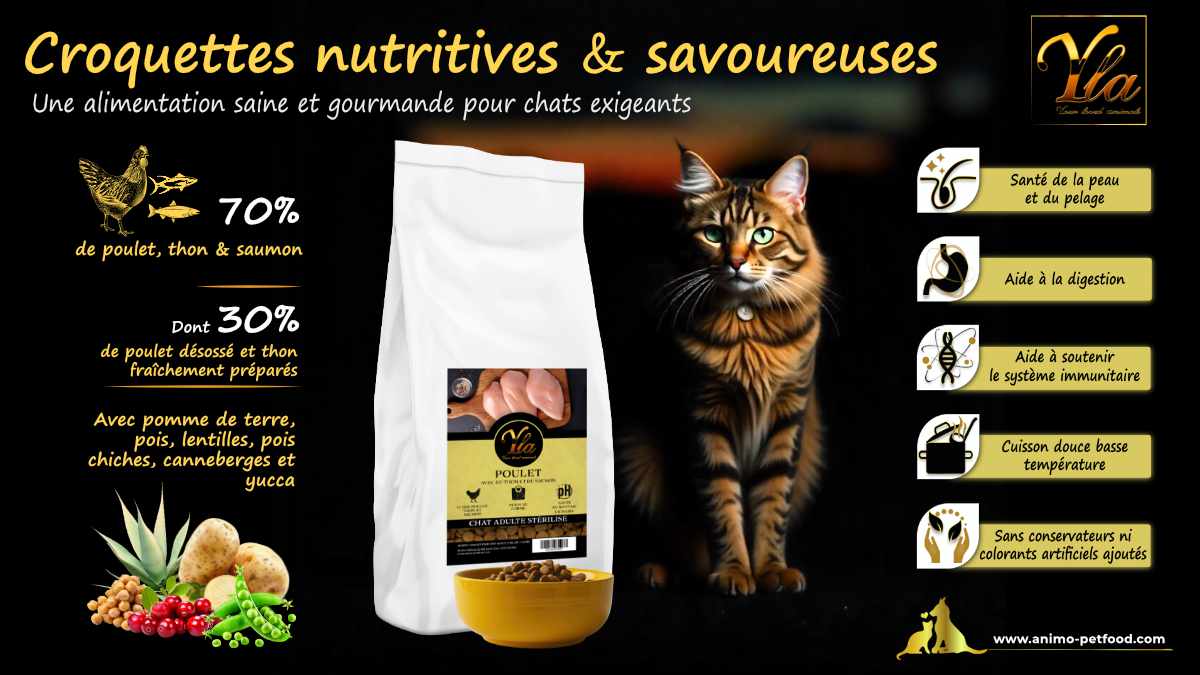 Croquettes pour chat favorisant la santé et le bien-être grâce à une nutrition équilibrée et des protéines de qualité.