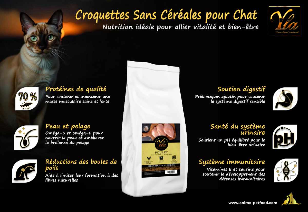 Croquettes holistiques pour chat stérilisé, formulées pour une digestion optimale et une alimentation équilibrée.