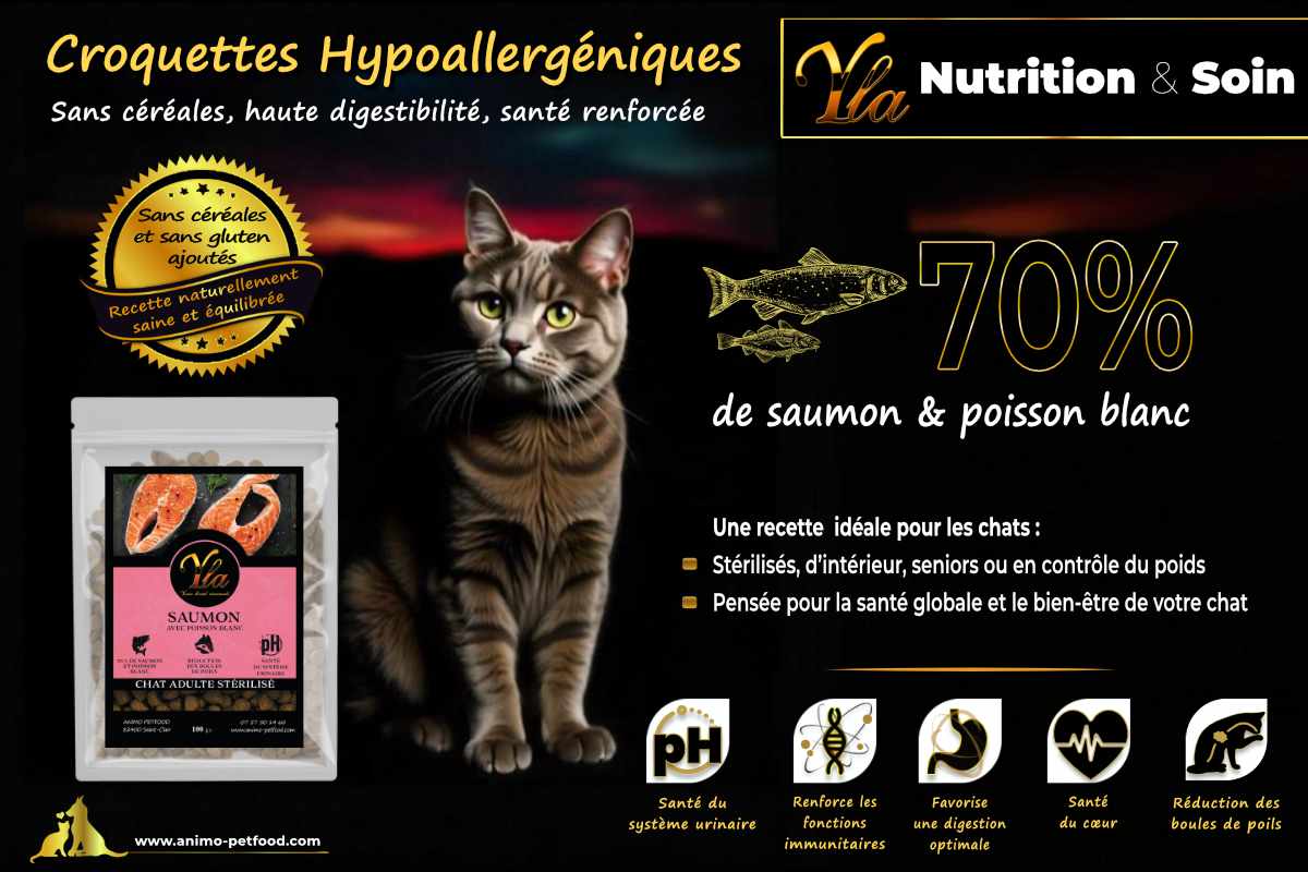 Croquettes sans céréales pour chat stérilisé, riches en Oméga 3 et 6, pour un pelage brillant et une peau en bonne santé.