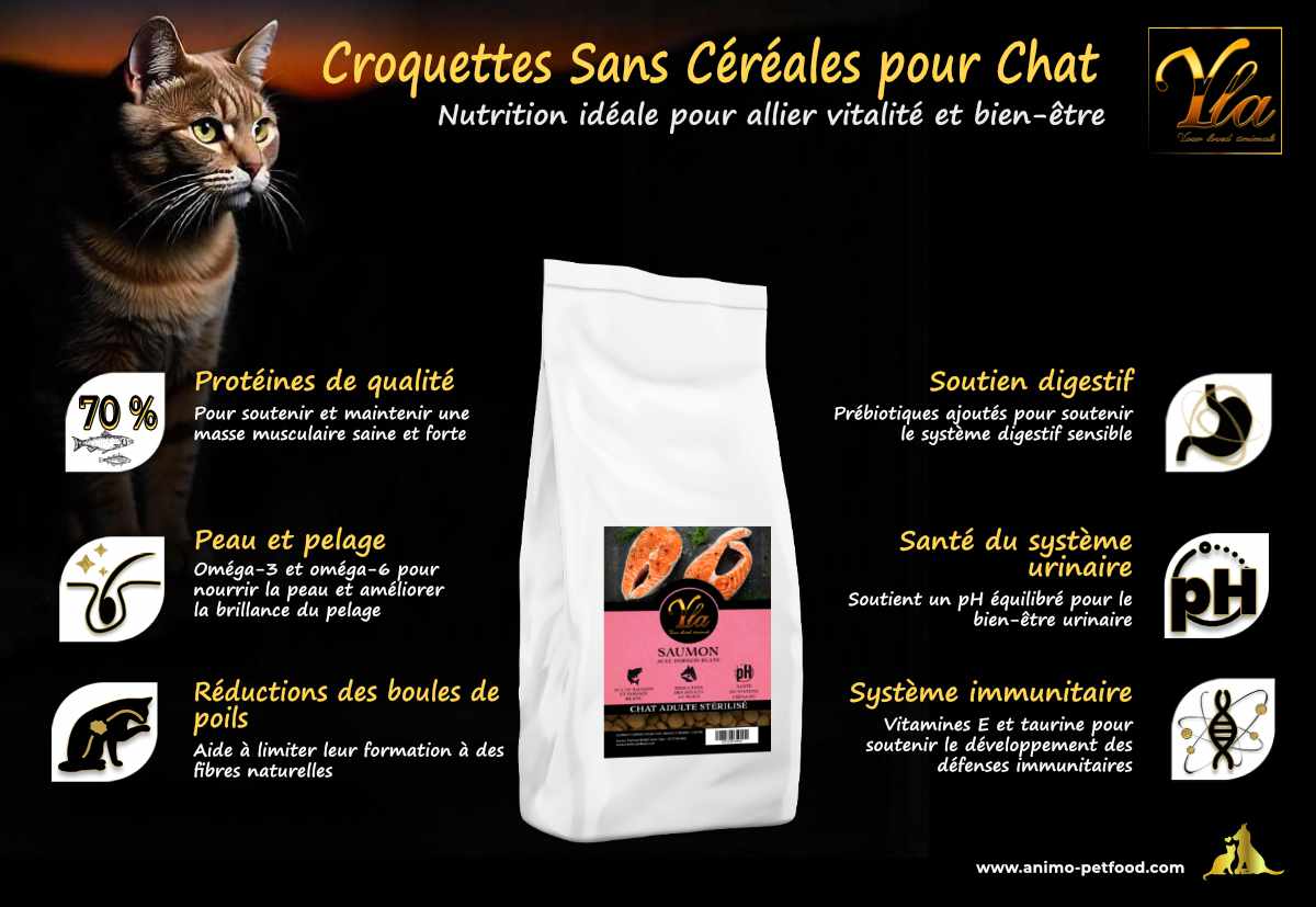 Croquettes hypoallergéniques sans céréales pour chat stérilisé, offrant une nutrition complète et équilibrée.