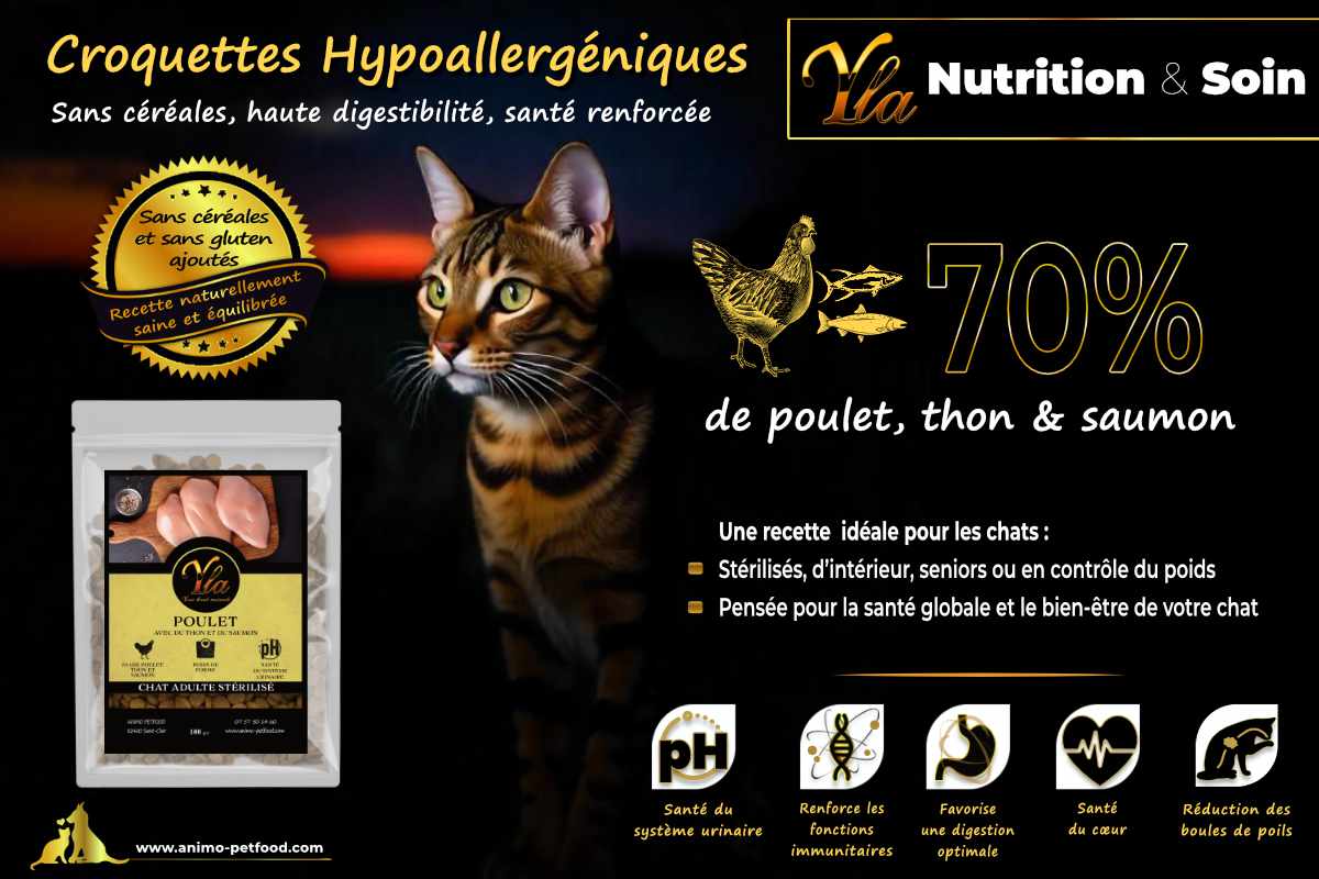 Croquettes premium sans gluten pour chat stérilisé, saveur poulet, thon et saumon.