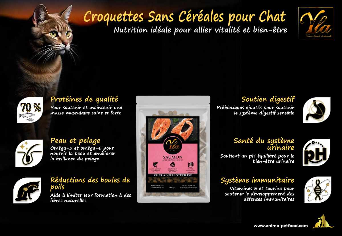 Croquettes sans céréales pour chat, riches en protéines et nutriments essentiels pour favoriser l’énergie et la vitalité.