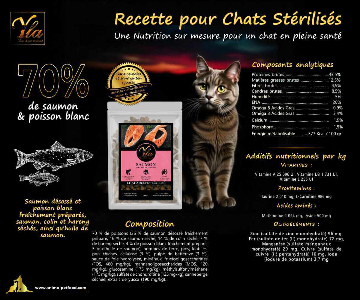 Croquettes sans céréales pour chat stérilisé, riches en protéines animales de haute qualité pour la vitalité et le maintien musculaire.