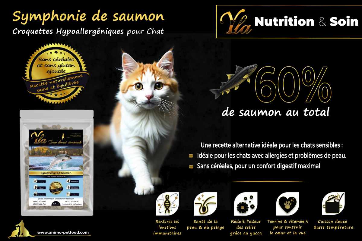 Croquettes hypoallergéniques au saumon pour chats adultes, sans céréales ni gluten, idéales pour les chats sensibles.