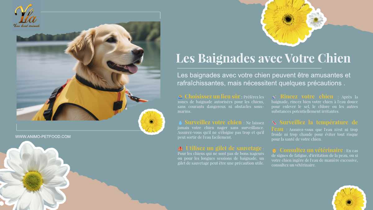 Les baignades avec votre chien. Choisissez un lieu sûr, surveillez votre chien, utilisez un gilet de sauvetage, rincez votre chien après la baignade, surveillez la température de l'eau et consultez un vétérinaire en cas de problème