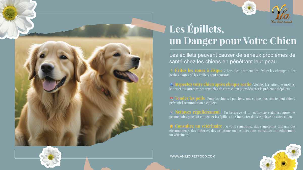 Les épillets, un danger pour votre chien. Évitez les zones à risque, inspectez votre chien après chaque sortie, tondez les poils pour les chiens à poil long, nettoyez régulièrement et consultez un vétérinaire en cas de symptômes