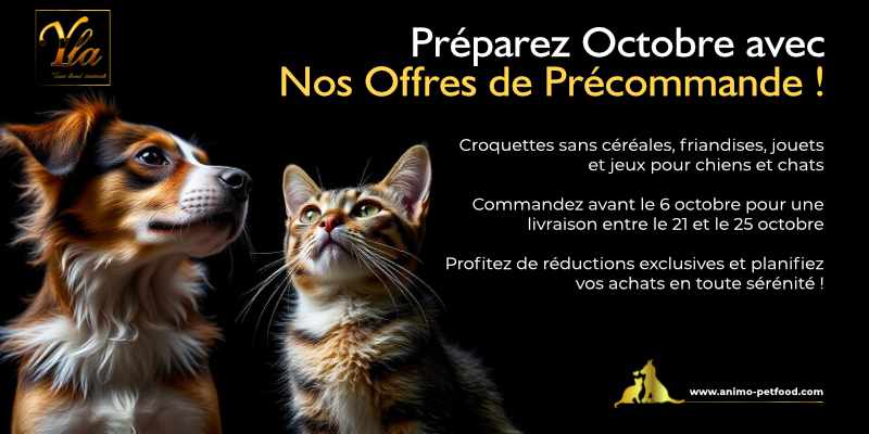 Préparez octobre avec nos offres de précommande : croquettes sans céréales, friandises, jouets et jeux pour chiens et chats. Commandez avant le 6 octobre pour une livraison entre le 21 et le 25 octobre. Profitez de réductions exclusives et planifiez vos achats en toute sérénité