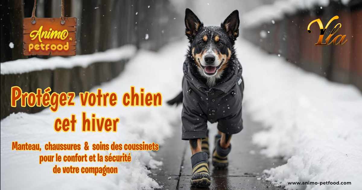 Chien en hiver avec manteau, chaussures et protection des coussinets contre le froid et le sel