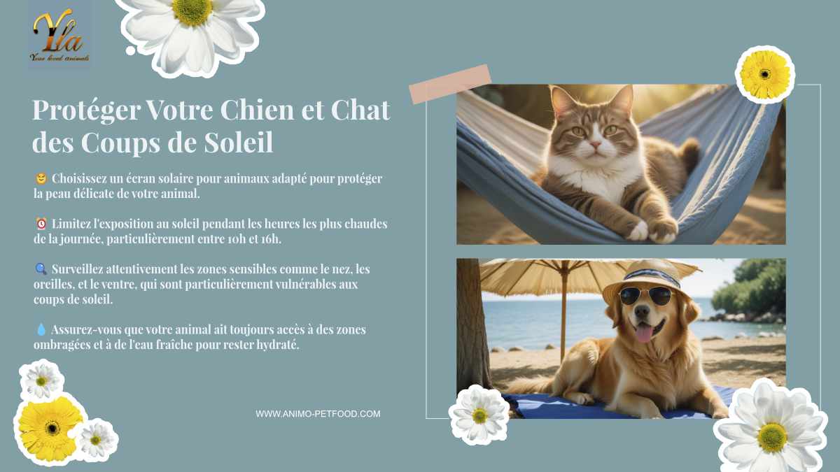 Protéger votre chien et chat des coups de soleil. Choisissez un écran solaire pour animaux adapté, limitez l'exposition au soleil pendant les heures les plus chaudes, surveillez les zones sensibles, assurez-vous que votre animal ait accès à des zones ombragées et à de l'eau fraîche